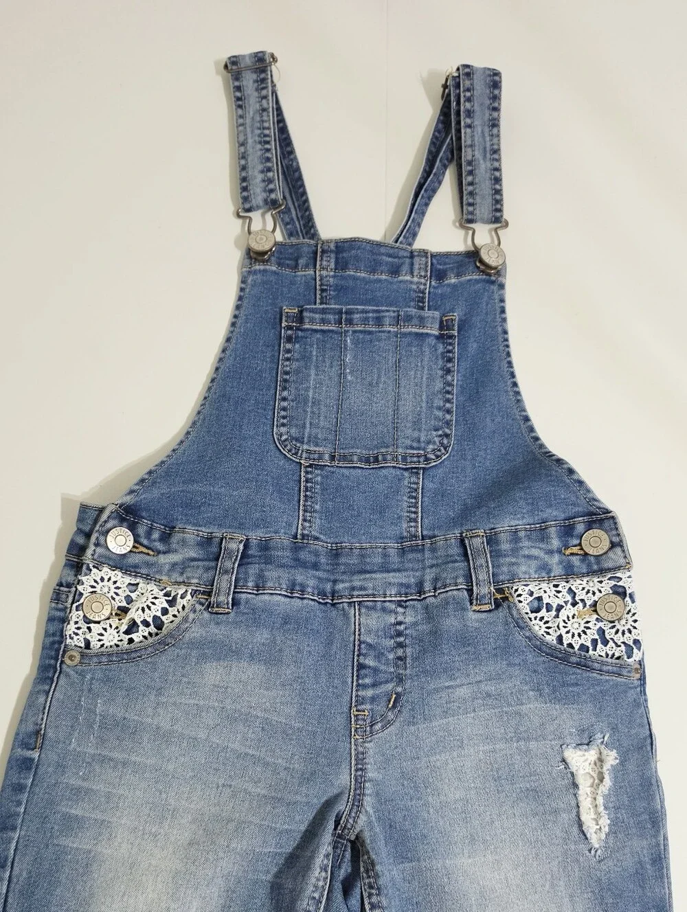 Justice Girls Size 8 Denim Overalls Lace Distressed Skinny Jeans Adjustable